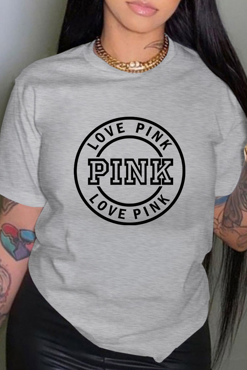 

Grey Fashion Casual Print Letter O Neck T-Shirts