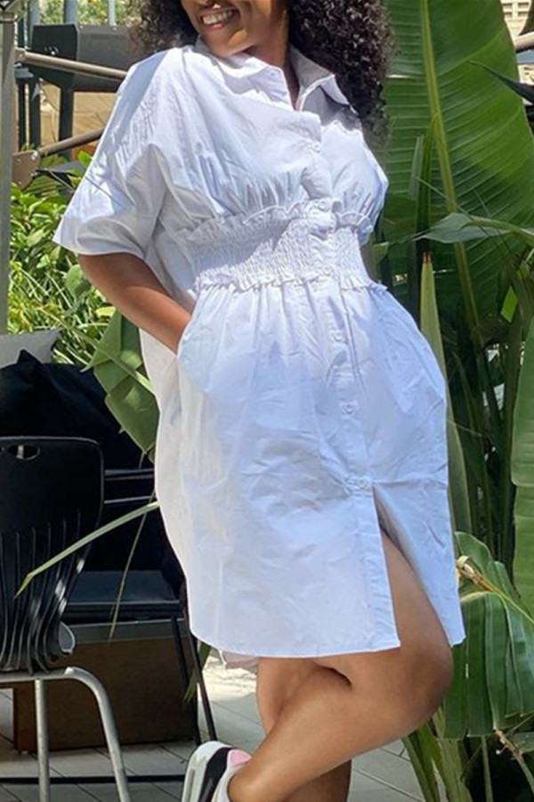 Белое модное повседневное однотонное платье-рубашка в стиле пэчворк с отложным воротником