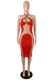 赤いファッションセクシーなパッチワーク包帯シースルーバックレスホルターノースリーブドレス