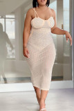 Abricot Sexy Plus Size Patchwork Hot Drilling See-through Backless Spaghetti Strap Robe sans manches