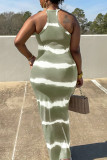 Light Green Casual Striped Print Patchwork U Neck One Step Skirt Dresses