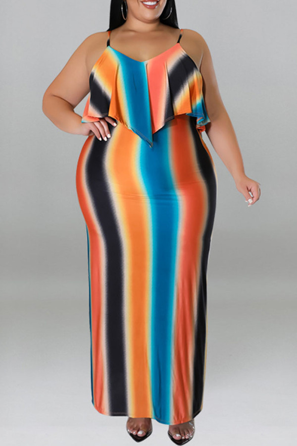 Оранжевое сексуальное полосатое платье с принтом в стиле пэчворк на бретельках Платья больших размеров