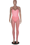 Pink Sexy Solid Patchwork See-through Spaghetti Strap Sleeveless Two Pieces