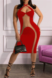 Red Fashion Sexy Patchwork Bandage Durchsichtiges rückenfreies ärmelloses Kleid mit Halter