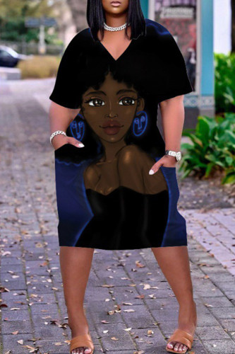 Blue Black Fashion Casual Print Basic V Neck Short Sleeve Dress
