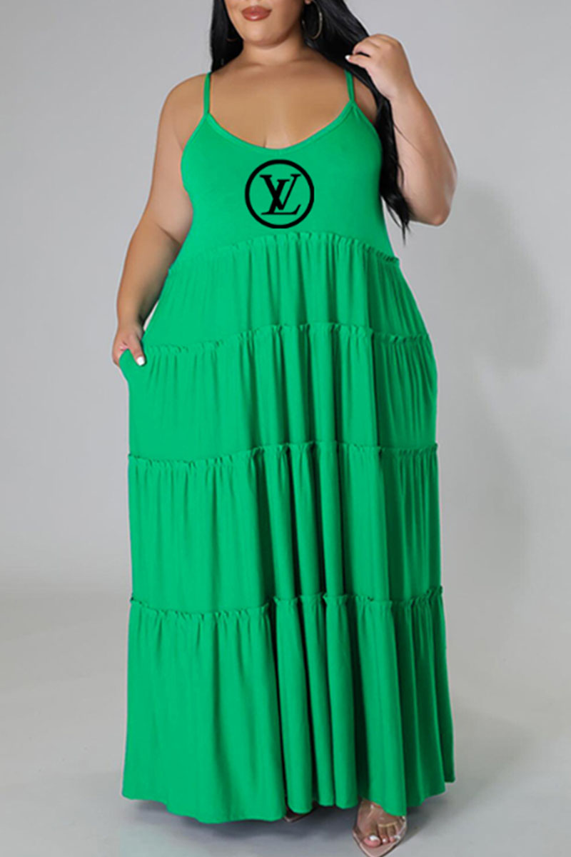 

Green Fashion Casual Print Patchwork Spaghetti Strap A Line Plus Size Dresses