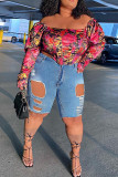 Blue Fashion Casual Solid Ripped Patchwork Skinny High Waist Conventional Solid Color Plus Size Denim Shorts