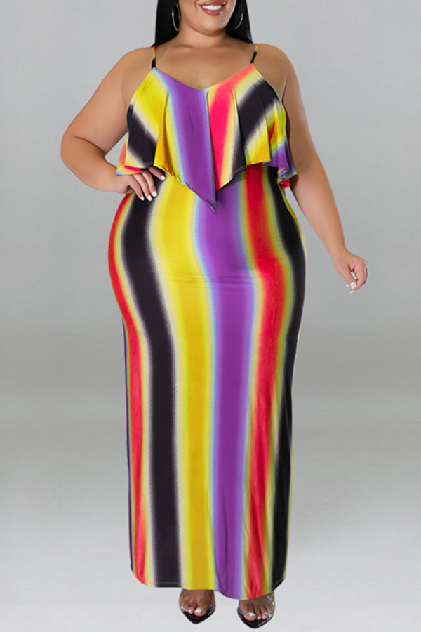 Púrpura sexy estampado de rayas patchwork correa de espagueti honda vestido más vestidos de tamaño