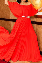 Tangerine Red Casual Elegant Solid Patchwork Fold Off the Shoulder Dresses