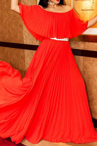 Tangerine Red Casual Elegant Solid Patchwork Fold Off the Shoulder Kleider