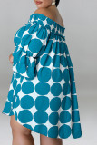Озерно-синий повседневный принт в горошек в стиле пэчворк с открытыми плечами Платья больших размеров