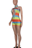 Multicolor Sexy Striped Print Hollowed Out Patchwork Halter Regular Rompers