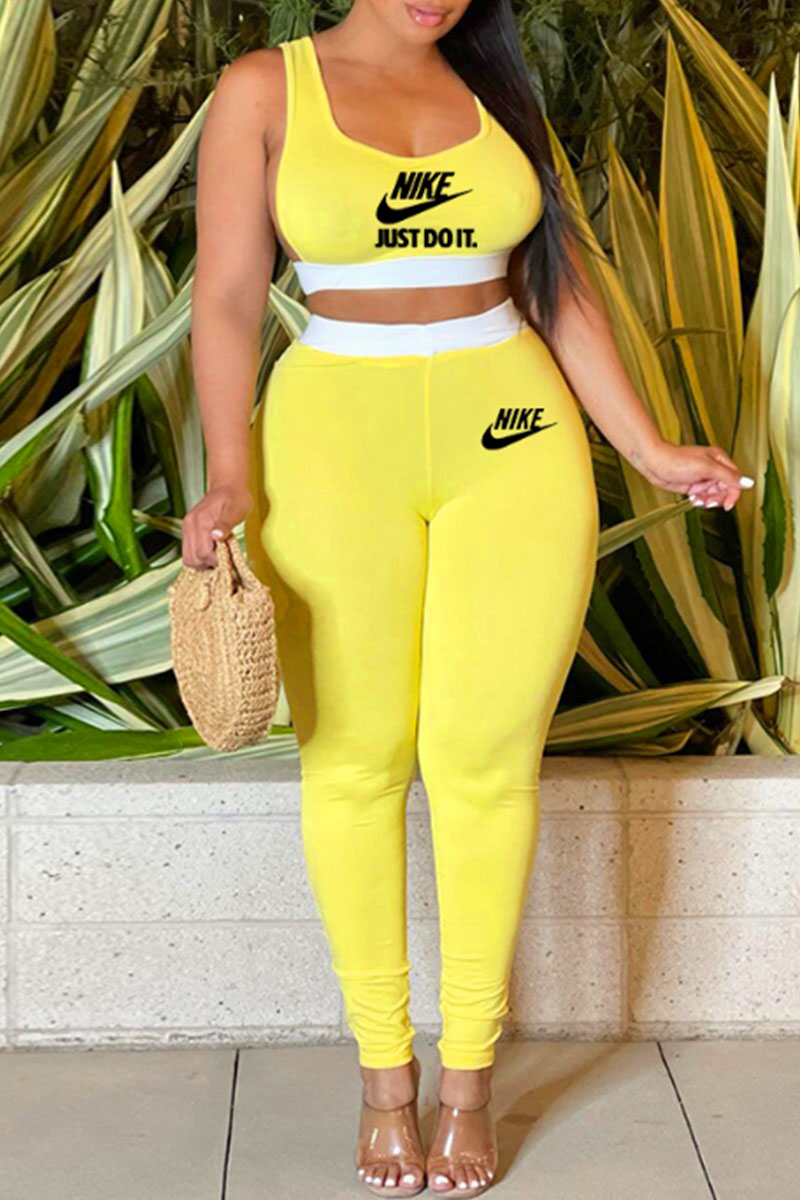 

Yellow Fashion Sportswear Print Letter U Neck Sleeveless Two Pieces