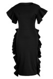 Schwarze, elegante, einfarbige Patchwork-Volant-Faltenkleider mit O-Ausschnitt und einstufigem Rock