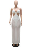 White Sexy Solid Tassel Patchwork See-through Spaghetti Strap Straight Dresses