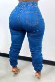 Blå Casual Solid Patchwork Harlan Denim Jeans med hög midja