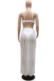White Sexy Solid Tassel Patchwork See-through Spaghetti Strap Straight Dresses