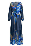 Blaue, lässige, elegante Patchwork-Kleider mit V-Ausschnitt und geradem Druck