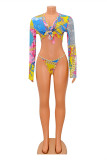 Multicolor Fashion Sexy Print Bandage Swimwears Dreiteiliges Set (mit Polsterungen)