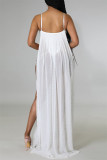 Белое модное сексуальное лоскутное горячее сверление с открытой спиной и разрезом на тонких бретельках длинное платье