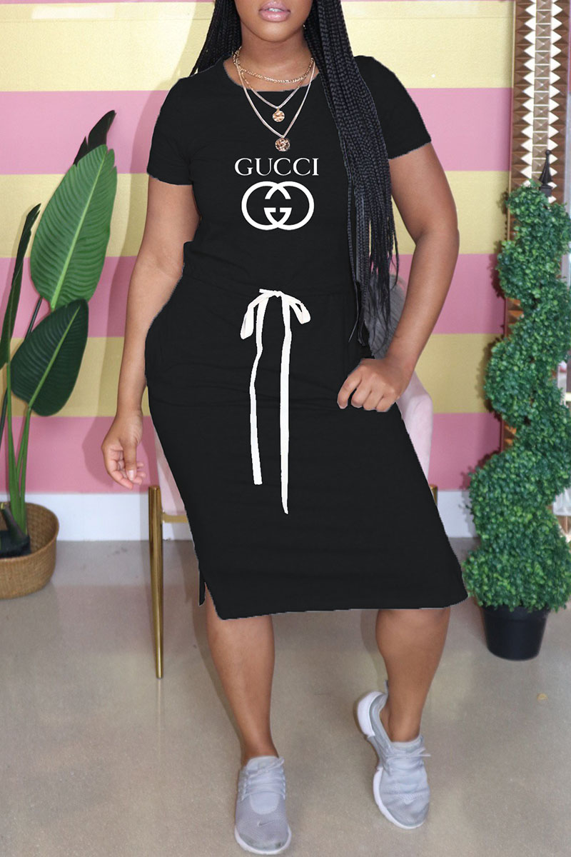 

Black Fashion Casual Print Letter O Neck One Step Skirt Dresses