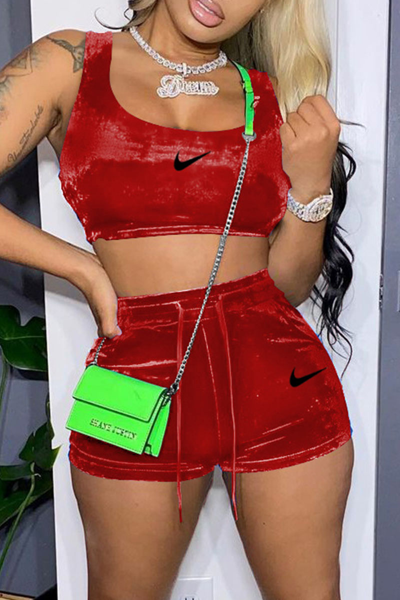 

Red Fashion Sportswear Print Patchwork U Neck Sleeveless Two Pieces