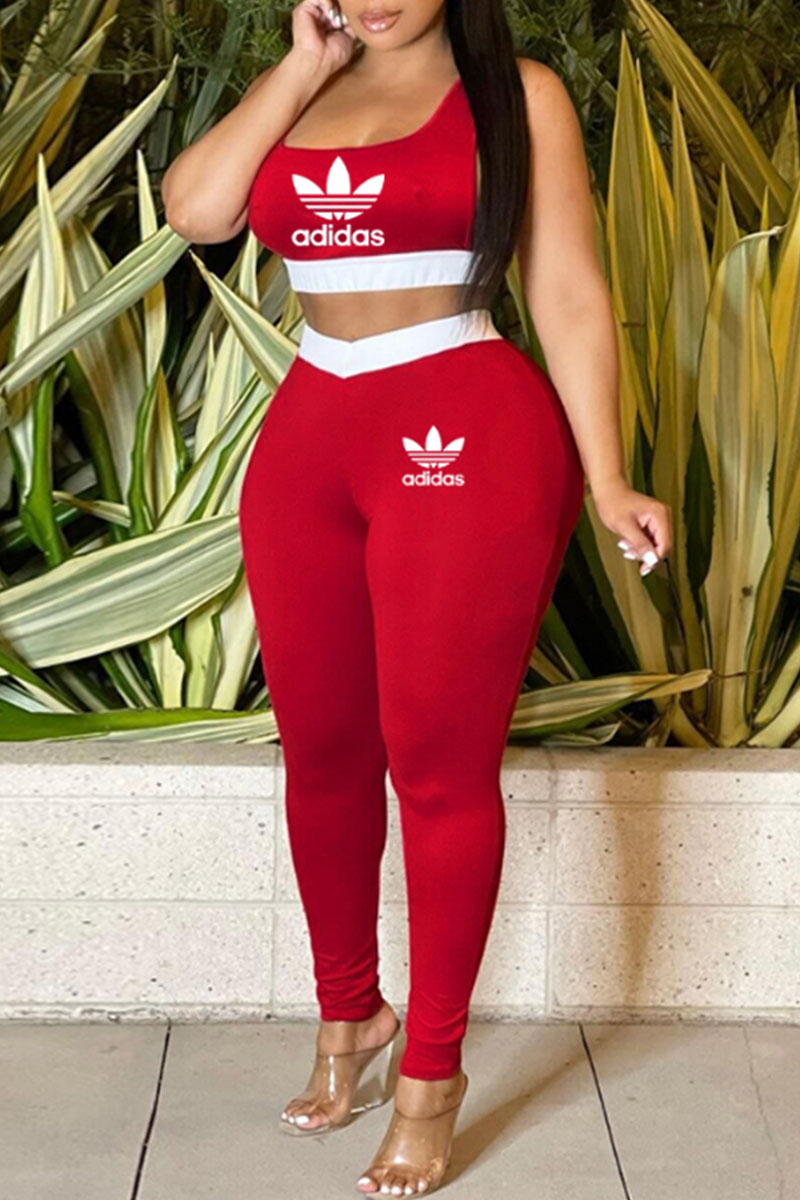 

Red Fashion Sportswear Print Patchwork Letter U Neck Sleeveless Two Pieces
