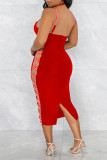 Красное сексуальное сплошное выдолбленное лоскутное платье без рукавов с открытой спиной и разрезом на тонких бретелях