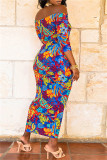 Blauwe mode sexy plus size print backless off-shoulder lange jurk