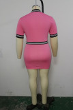 Pink Fashion Casual Plus Size Letter Print Patchwork Zipper Collar Short Sleeve Dress
