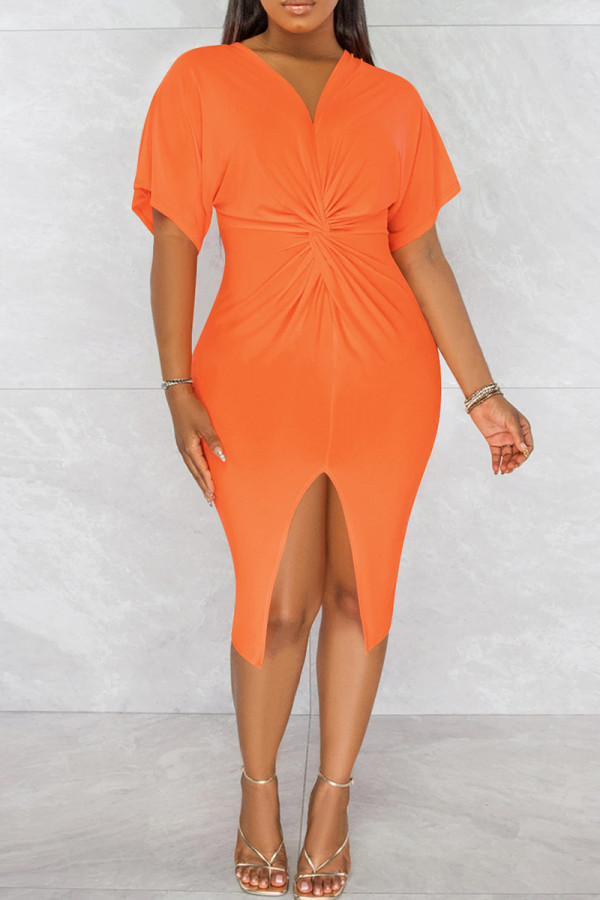 オレンジファッションカジュアルソリッドパッチワークスリットVネック半袖ドレス