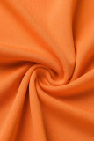 オレンジファッションカジュアルソリッドパッチワークスリットVネック半袖ツーピース