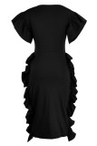 Vestidos pretos elegantes lisos patchwork com babados dobrados no decote e saia em um degrau
