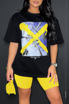 Jaune Casual Street Print Patchwork O Neck Short Sleeve Two Pieces