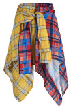Pantaloni a vita alta asimmetrici a vita alta tipo A con stampa scozzese casual rosso giallo