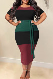 Red Black Casual Striped Print Bandage Patchwork O Neck One Step Skirt Plus Size Dresses