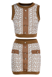Coffee Sexy Print Buckle O Neck Sleeveless Two Pieces