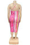 ピンクのファッションセクシーなプラスサイズのプリント背中の開いたスパゲッティストラップノースリーブドレス