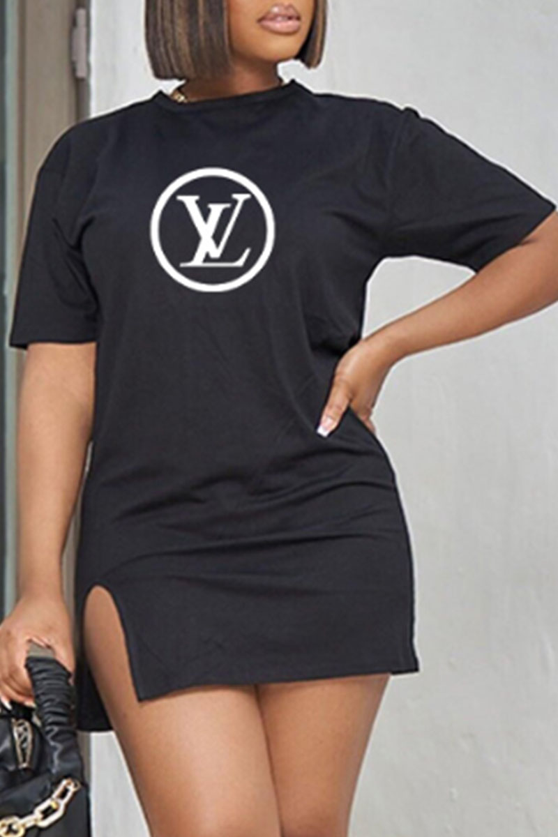 

Black Fashion Casual Print Letter O Neck One Step Skirt Dresses