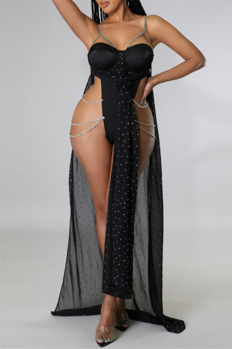 Черное модное сексуальное лоскутное горячее бурение с открытой спиной и разрезом на тонких бретельках длинное платье