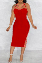 Vestido vermelho sexy sólido vazado patchwork sem costas com fenda e alça de espaguete sem mangas