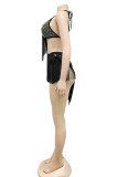 Black Sexy Patchwork Solid Hot Drilling Tassel Bandage Backless Halter Sleeveless Dress