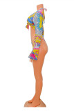 Yellow Fashion Sexy Print Bandage Swimwears Three-piece Set (With Paddings)