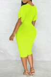 Fluorescent Green Fashion Casual Solid Patchwork Slit V Neck Short Sleeve Dress