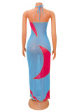 Синее модное сексуальное однотонное лоскутное прозрачное платье без рукавов с открытой спиной и лямкой на шее