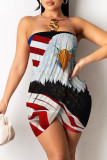 Red Blue Fashion Sexy Print Patchwork Backless Strapless Sleeveless Dress