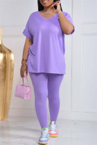 Фиолетовый модный повседневный сплошной разрез с V-образным вырезом и коротким рукавом из двух частей