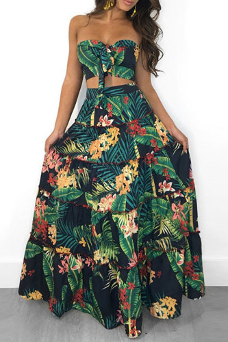 Green Fashion Sexy Print Backless Strapless Sleeveless Two Pieces