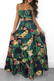 Green Fashion Sexy Print Backless Strapless Sleeveless Two Pieces