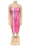 Rosa Mode Sexig Plus Size Print Backless Spaghetti Strap Ärmlös klänning